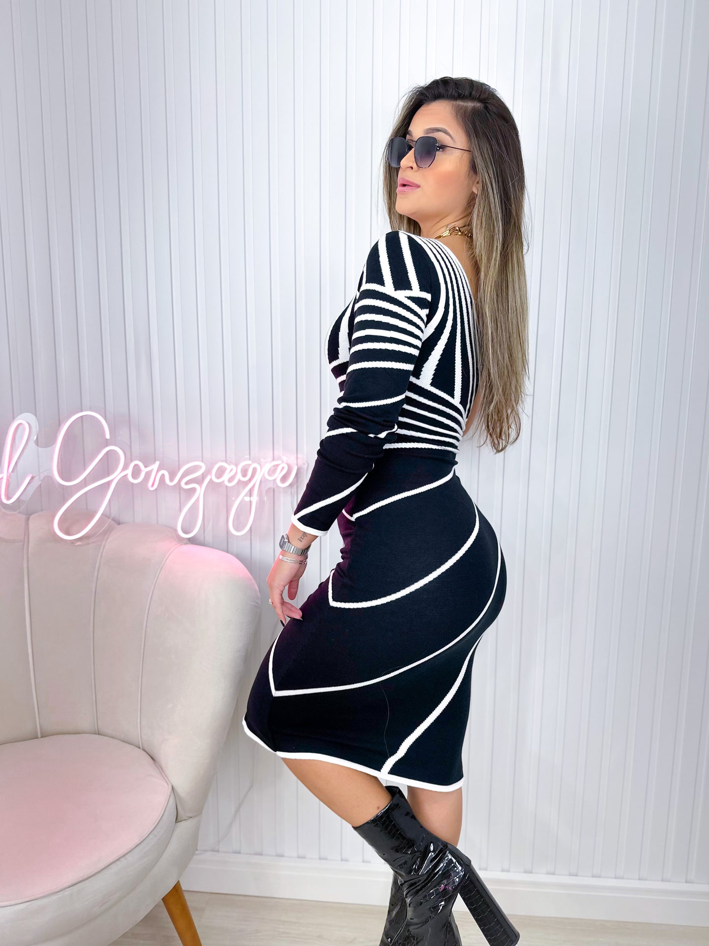 Vestido Mid Listras Manga